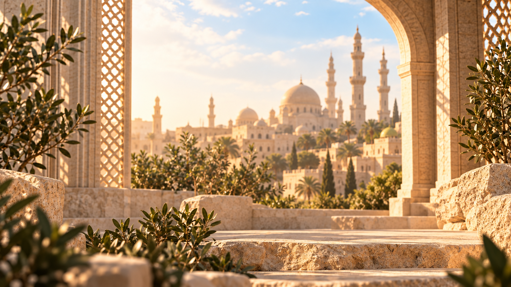 Sunlit Islamic courtyard and mosque skyline