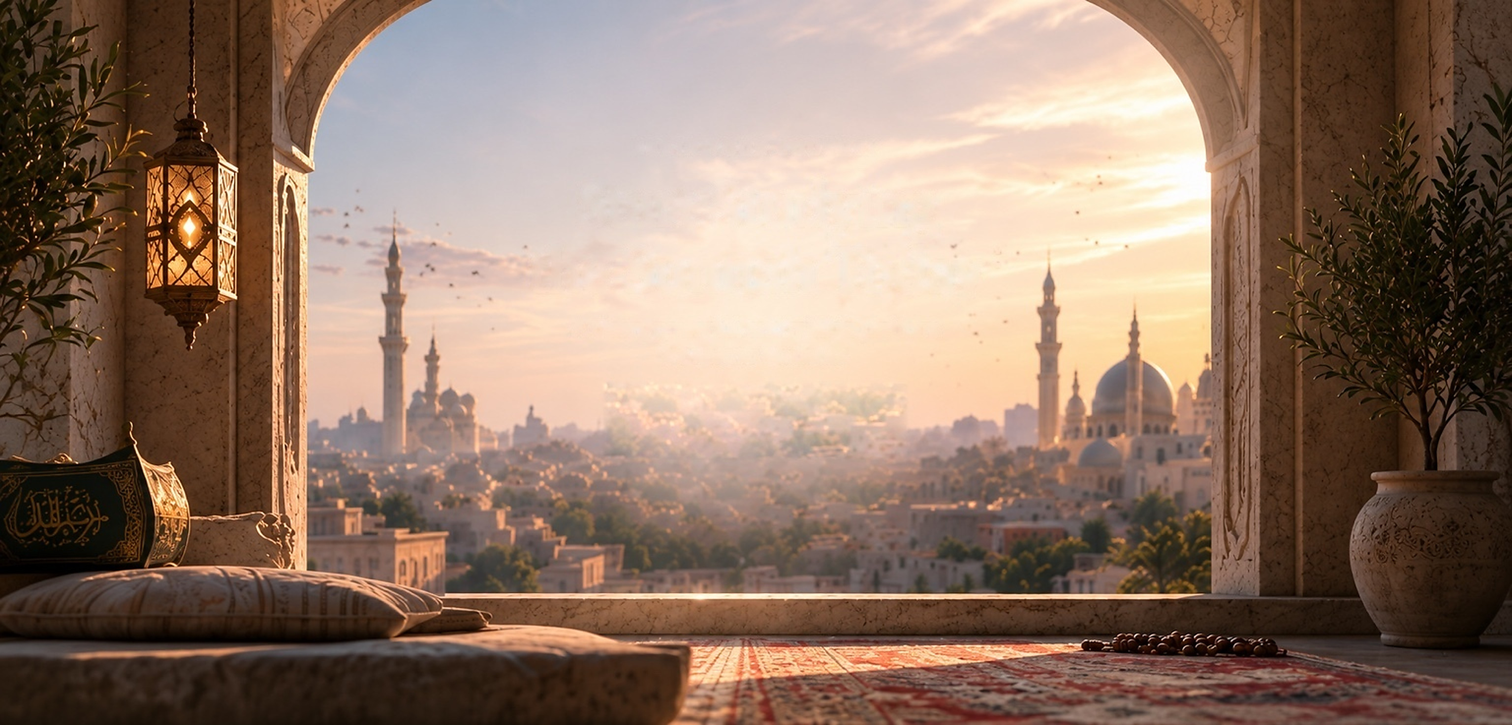 Sunset view through an Islamic arch with mosque skyline, lantern, books, plants, rug, and prayer beads